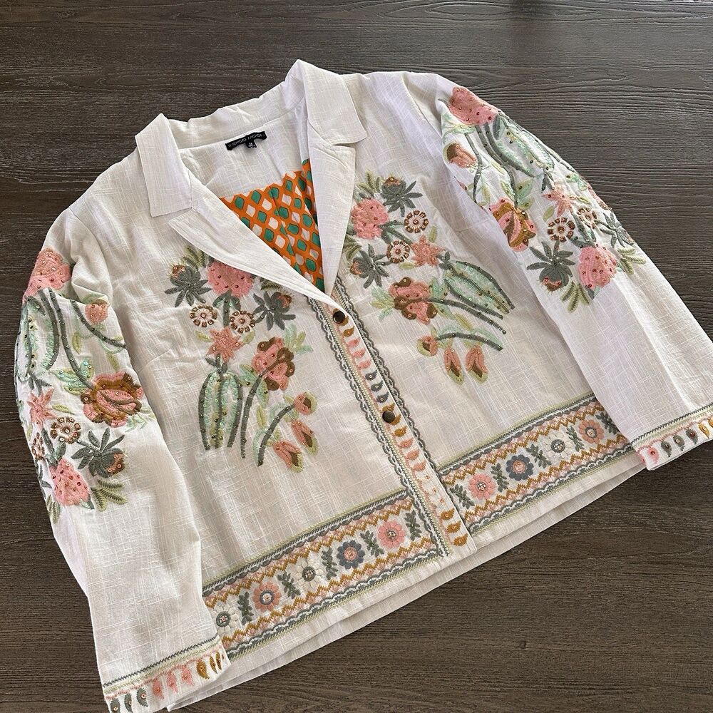 Indigo Moon Jacket Womens 1X Plus Floral Blazer Embroidered Art to Wear Boho